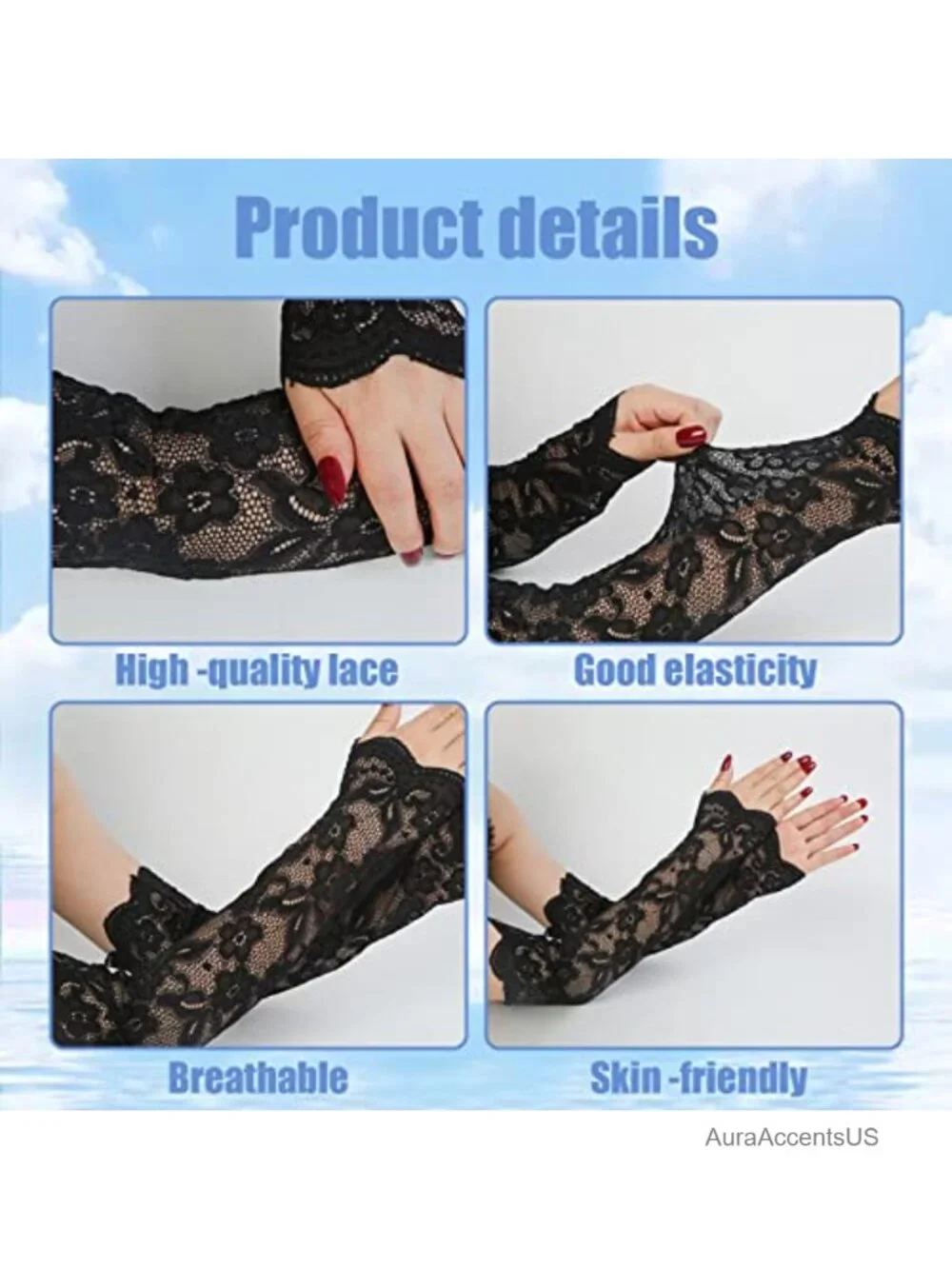 Elegant Lace Arm Sleeves Elbow Length Fingerless Gloves UV Protection Women